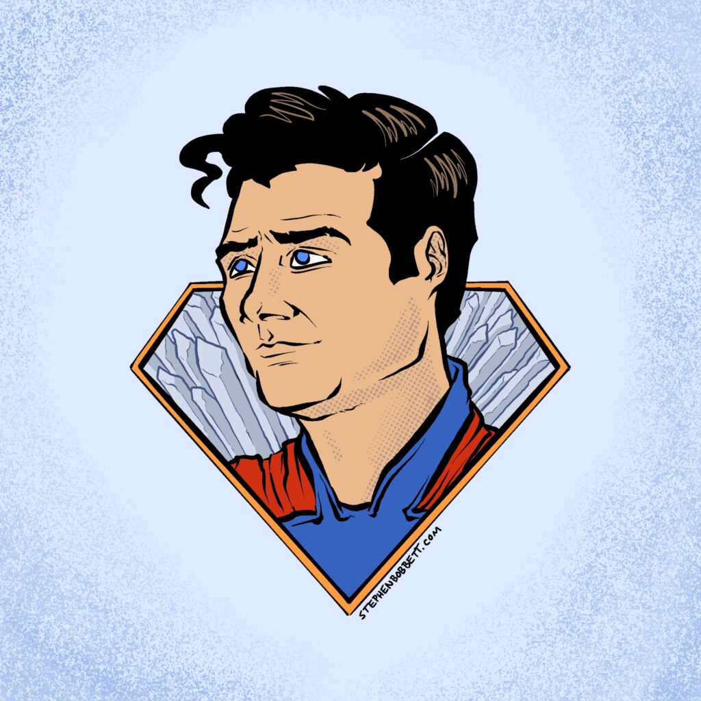 A digital portrait of David Corenswet’s Superman, looking hopefully into the sky, framed by the crystals of the Fortress of Solitude and the gold rim of the Superman diamond logo. Drawn by me, Stephen Bobbett.