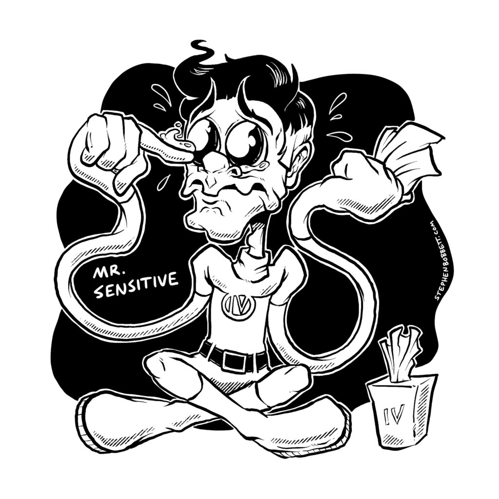 An ink drawing of a cartoon-y Mr. Fantastic but wide-eyed and weeping as he holds a tissue in his hands.