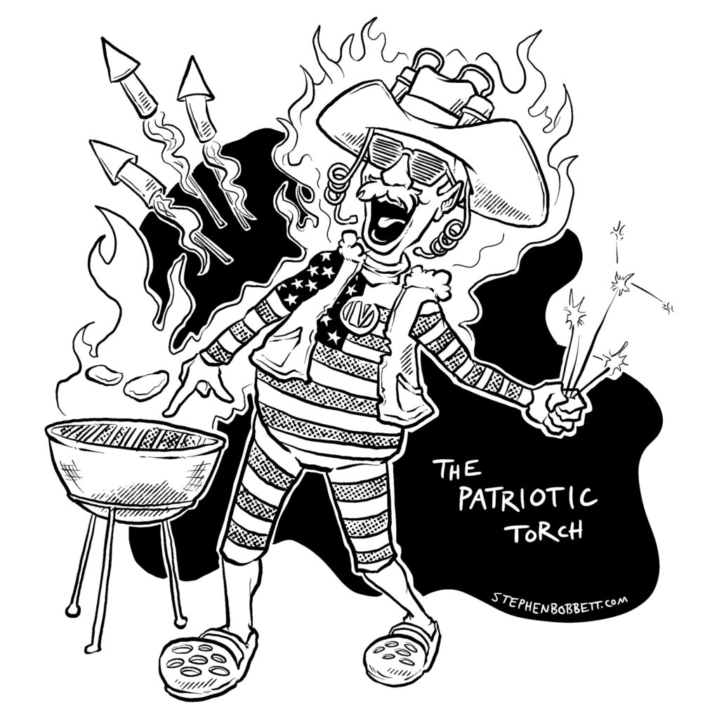 An ink drawing of Johnny Storm in a novelty cowboy hat that holds two beer bottles and two twisty straws, a pair of slatted sunglasses, and a singlet in American flag patterns. Fireworks are going off behind him. He has sparklers in his hands and is grilling burgers with his fired-up fingers.