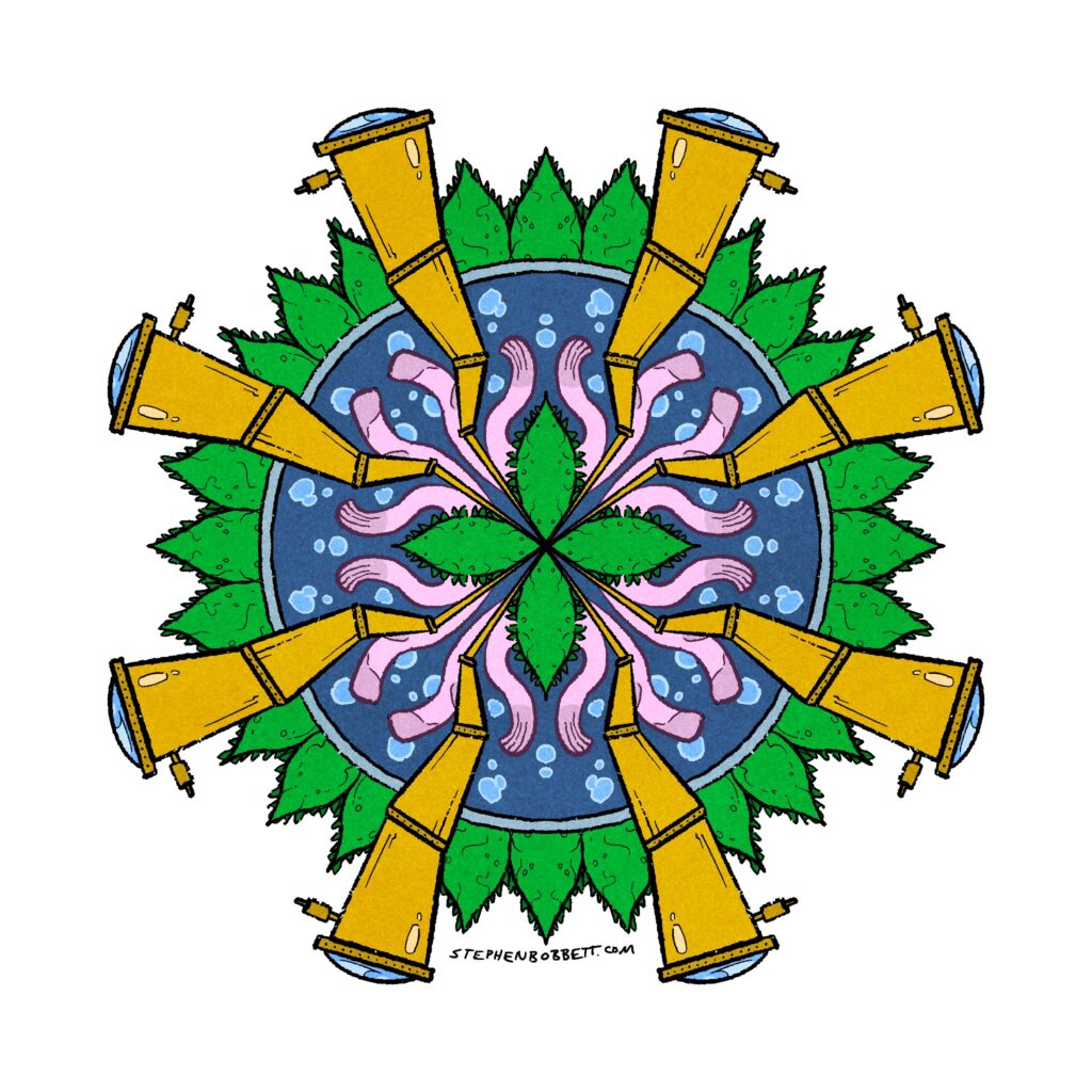 A digitally illustrated mandala of telescopes, agave shrubs, and socks in a tumbling laundry