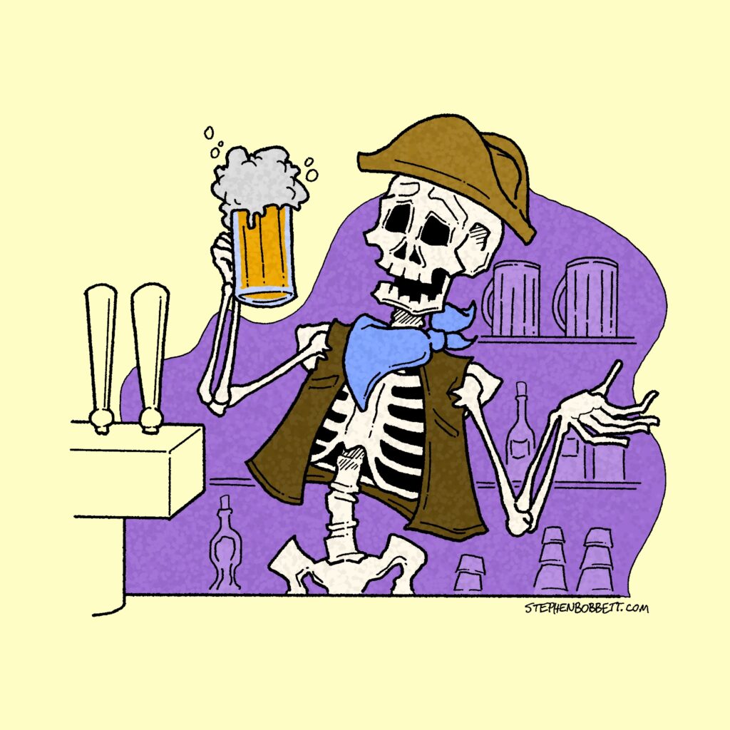 A digital ink drawing of a skeleton tavern keeper with a colonial hat, a brown vest, and a blue kerchief, holding a beer in a mug aloft. Behind him is a purple background with mugs, bottles, and glasses.