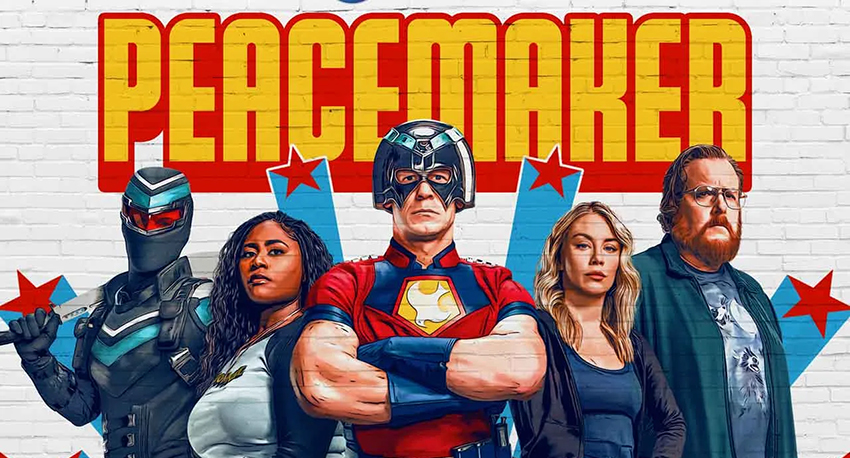 The promo image for Peacemaker Season 2: a painted mural on white bricks of the Peacemaker logo, and portraits of the characters Vigilante, Adebayo, Peacemaker, Harcourt, and Economos.