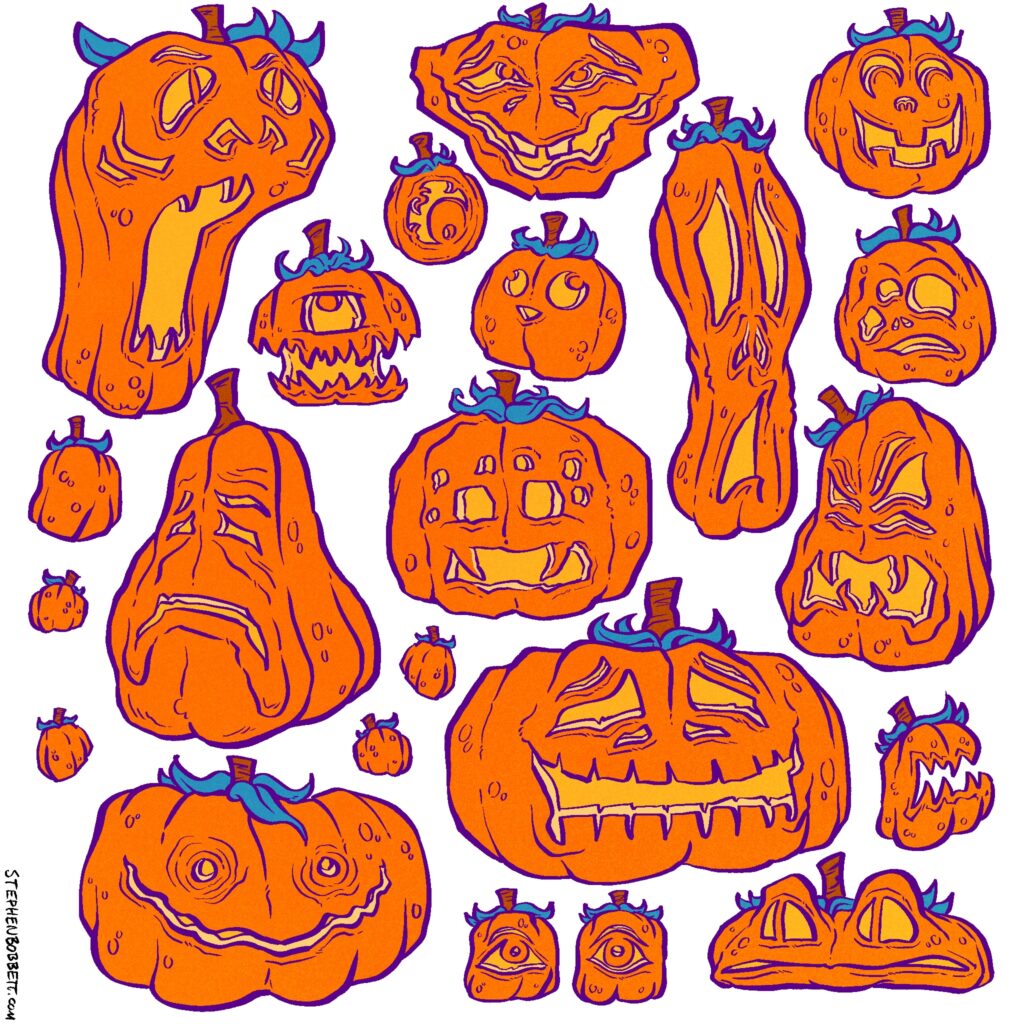 A digital illustration of about a dozen jack-o-lanterns with a variety of contorted facial expressions.