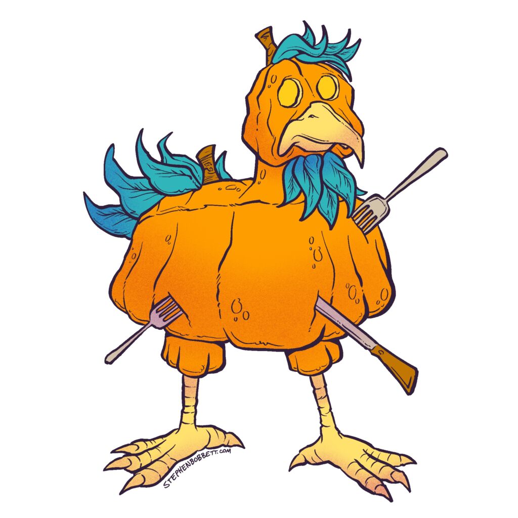 An illustration of a jack-o-lantern carved into the shape of a chicken with forks and knives sticking out of it.