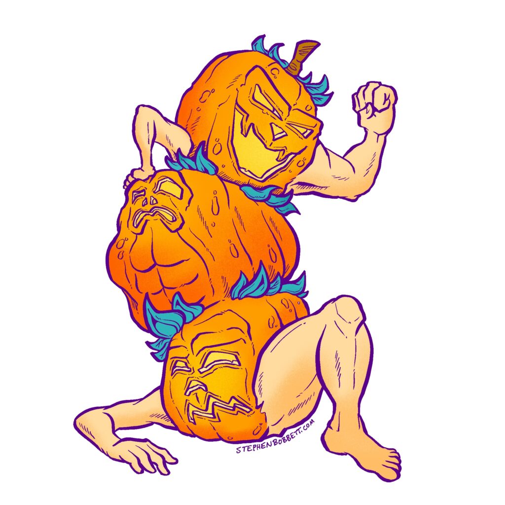 An illustration of a stack of three jack-o-lanterns with human arms and legs popping out in strange places.