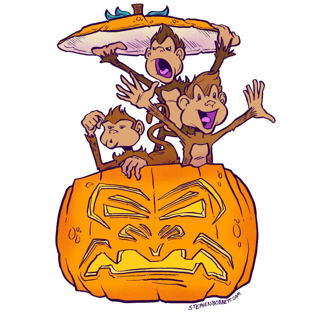An illustration of three monkeys popping out of a jack-o-lantern with a monkey face carved in its center.