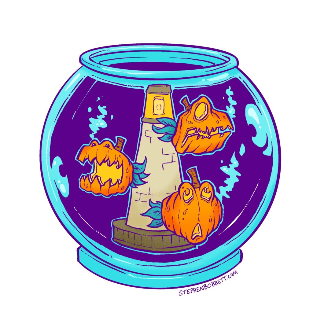 An illustration of a fish bowl with three small jack-o-lanterns carved into piranhas with a small lighthouse.