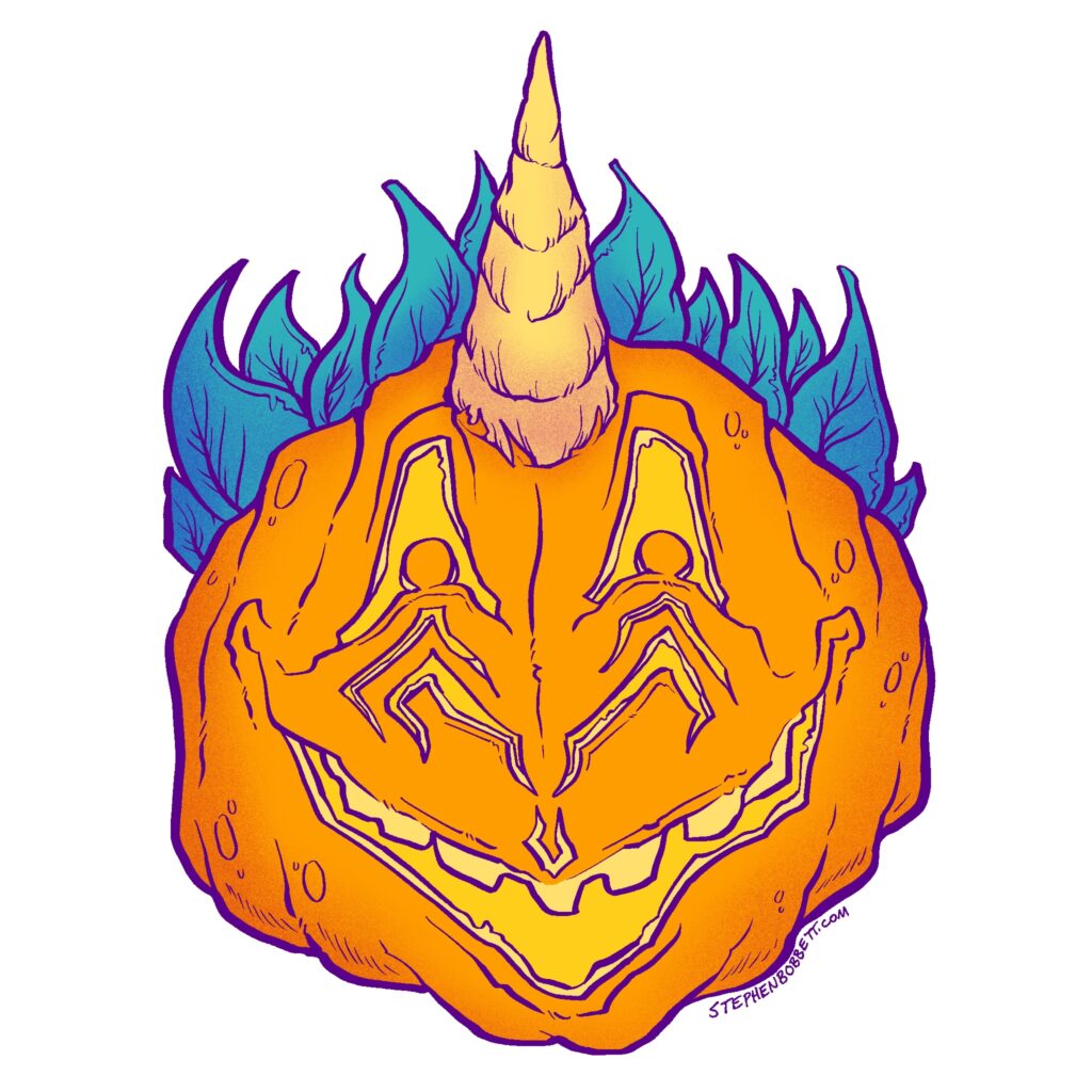 An illustration of a jack-o-lantern carved with the face of a menacing unicorn with a horn sticking out of its head and leaves in the shape of a mane.