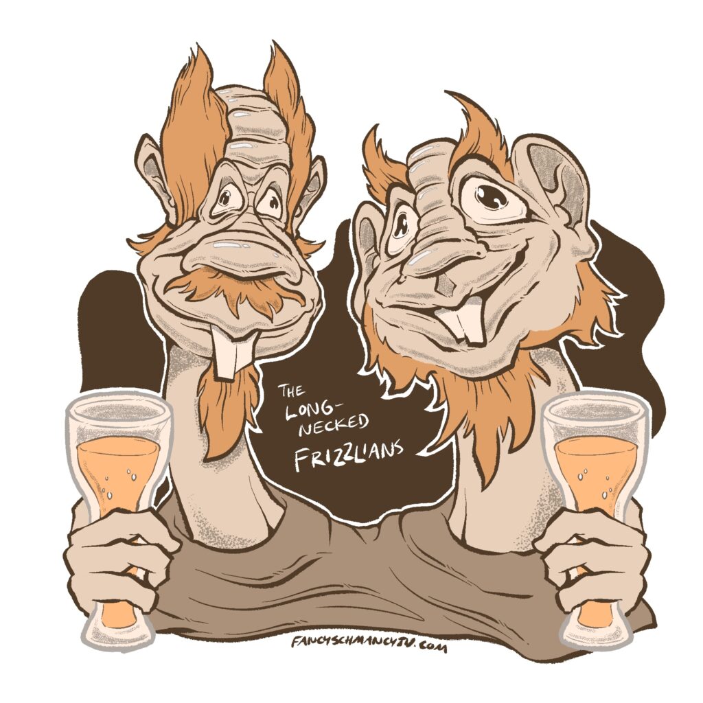 A digital illustration of a smiling two-headed creature with wiry red hair and beards, large ears, ridged noses, and rodent teeth holding to beer pints. They are called the Long-Necked Frizzlians.